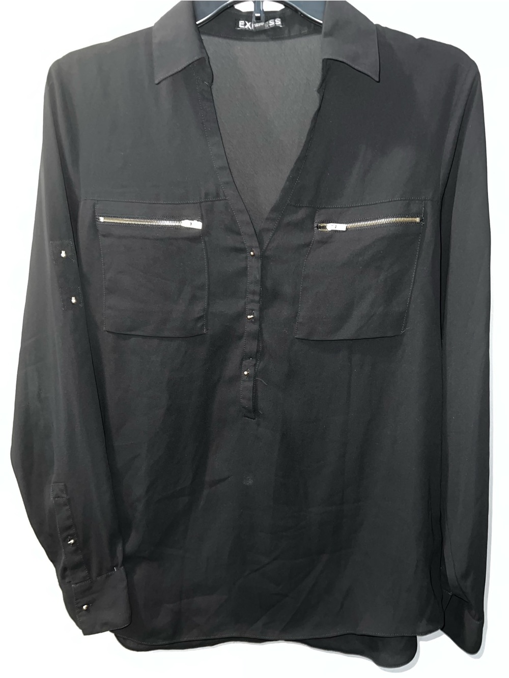 Express Black Long-Sleeve Zip Pocket Blouse